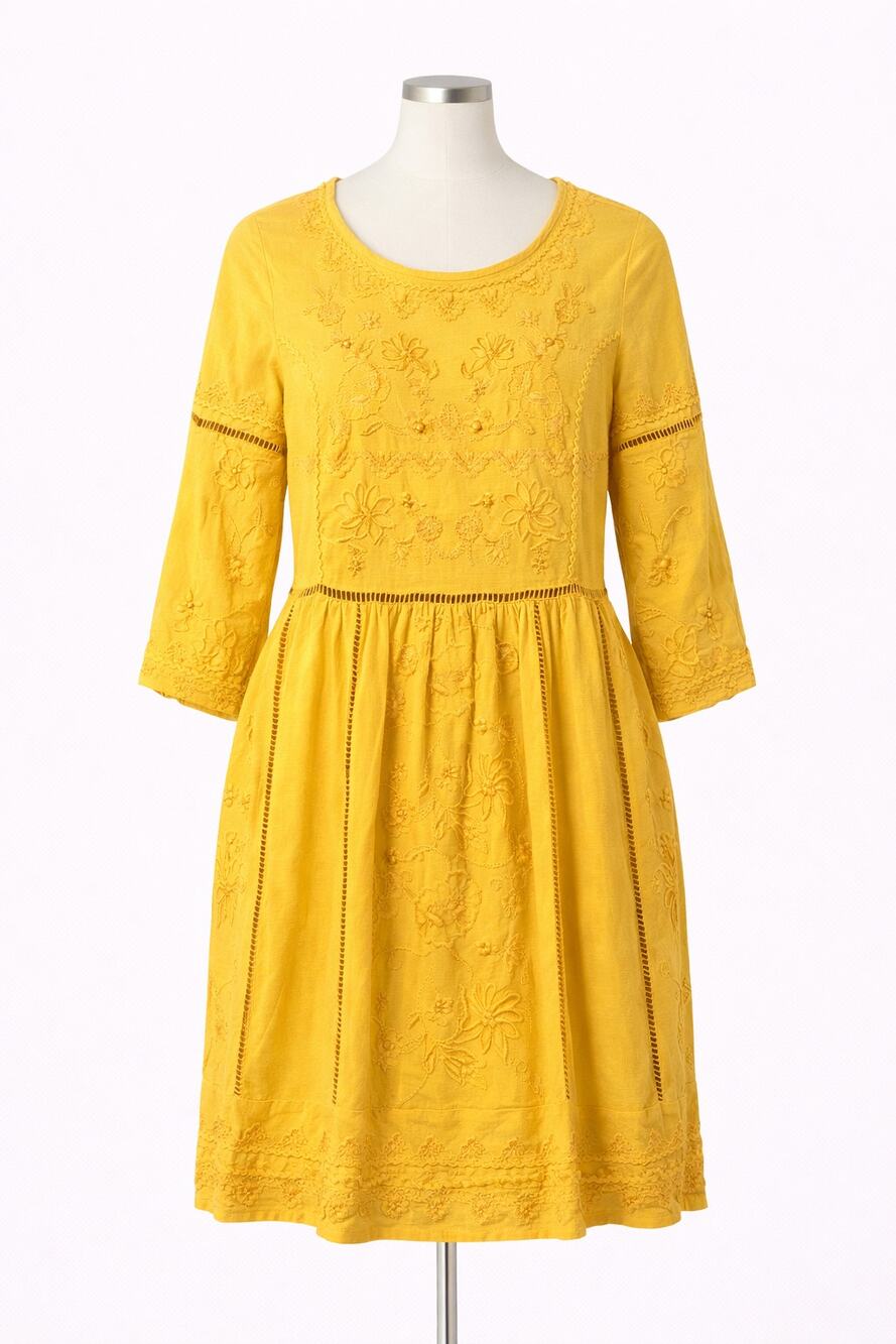 Anthropologie Yellow Embroidered Midi Dress Size S Boho Cottagecore Prairie - Picture 1 of 3